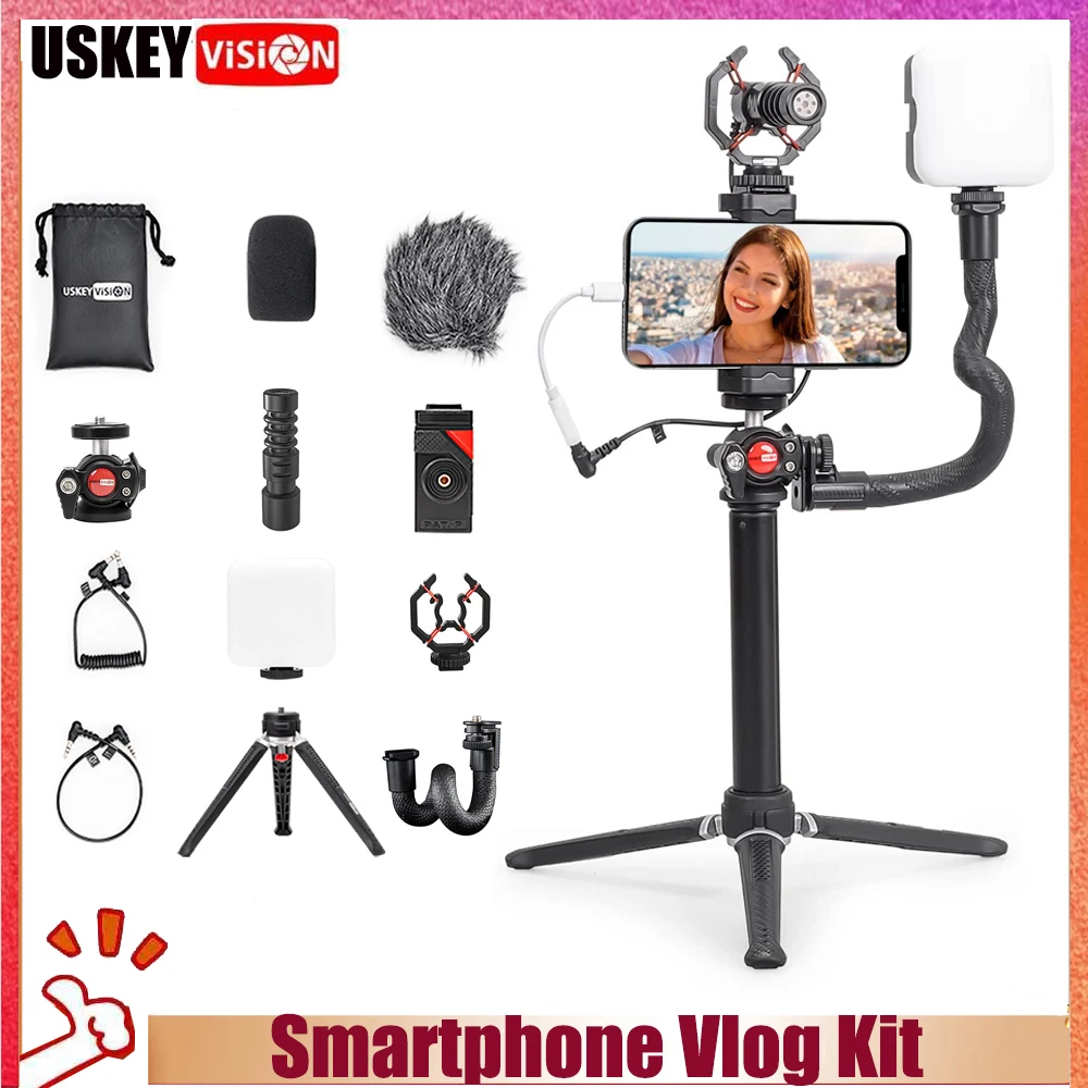 

USKEYVISION Smartphone Video Vlogging Kit/Video Microphone Light Kit for YouTube Equipment with Extension Rick for Video Record