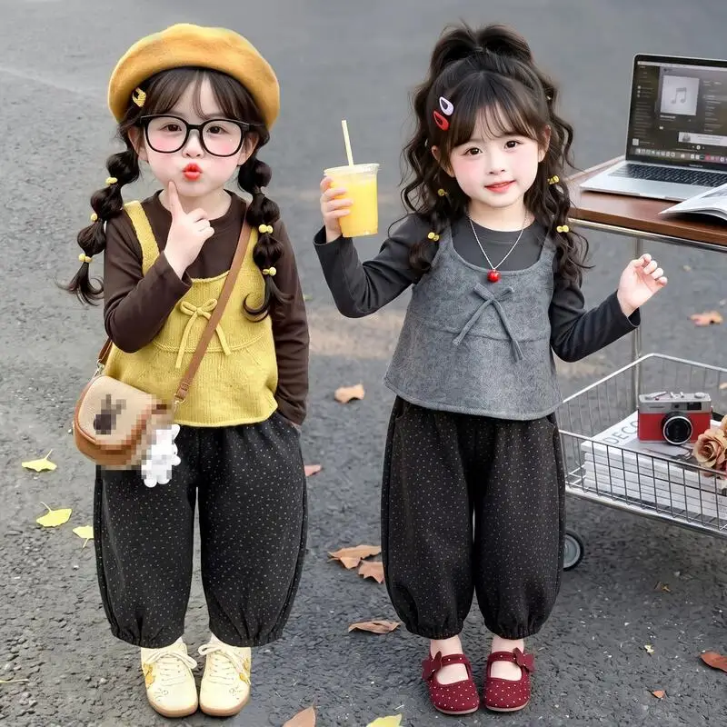 Korean Version Children's Kawaii Spring Autumn T-Shirt Pants Suit Girls New Cartoon Long Sleeve Hooded Sweatshirt Girls 3Pcs