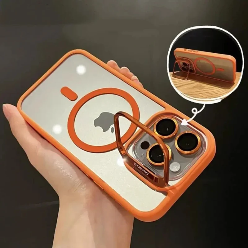 Funda de lujo magnética a prueba de golpes para iPhone 16 15 14 13 12 11 17 Pro Max para Magsafe con soporte y protector de lente de vidrio 2