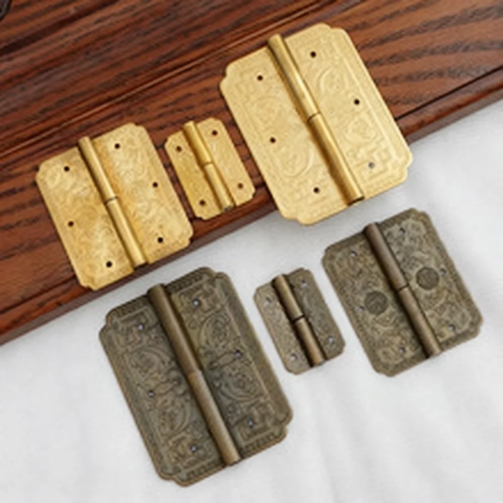 Vintage Brass Round Lock Hinge Set Chinese Traditional Furniture Hardware Decorative For Wood Box Antique Case Fitting