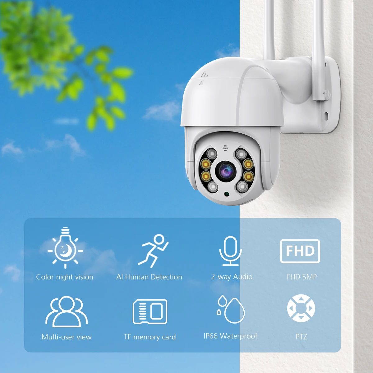 كاميرا مراقبة خارجية PTZ لاسلكية ، واي فاي ، رؤية ليلية ملونة ، تتبع تلقائي Ai ، CCTV ، كاميرا تكبير رقمية 4X ، 8MP ، 4K ، IP HD
