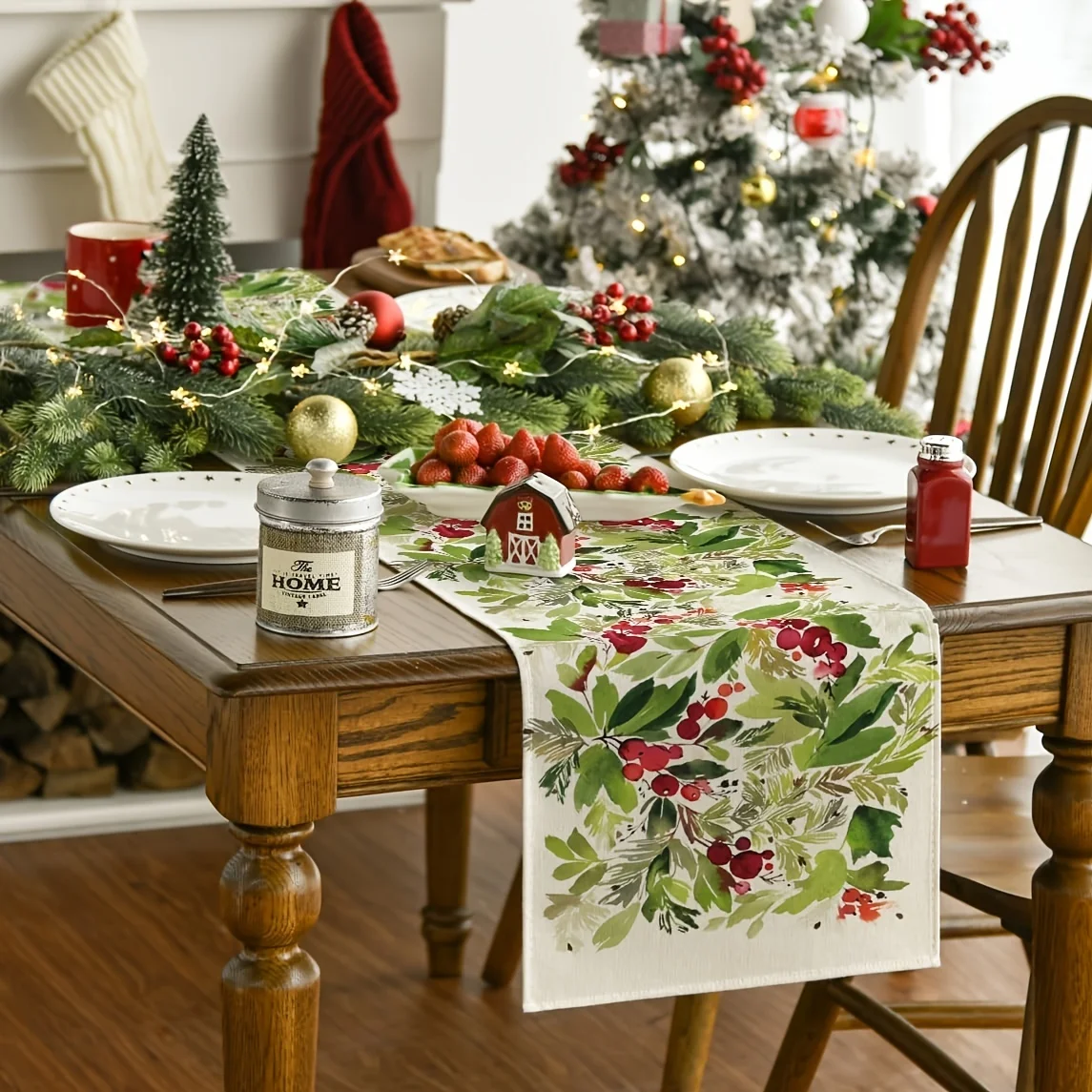 1pc Linen Tablecloth, 'Merry Christmas' Design, Watercolor Holly Pattern for Christmas Ambiance Holiday Table Decor & Home Gift