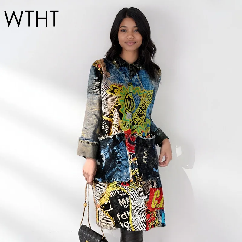 

WTHT Fashion Trendy Women's Irregular Print Knit Spliced Denim Long Coat 2025 Summer New Lapel Big Pockets Jacket Female 1LS2196