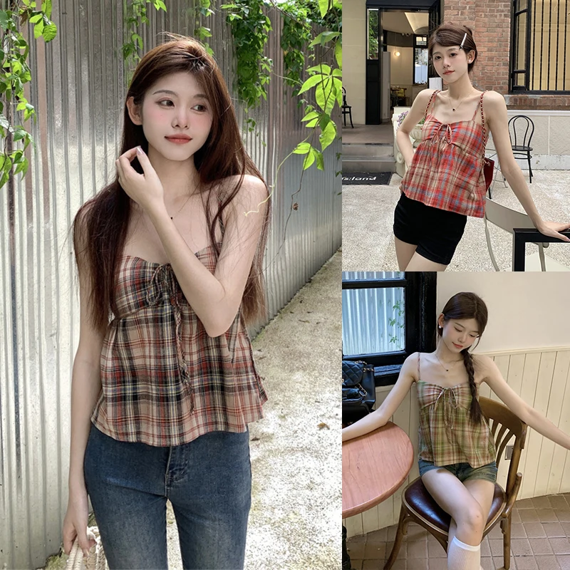 Women's Aesthetic 2K Summer Plaid Camisole Kawaii Sleeveless Low Cut Backless Lace Up Going Out Top