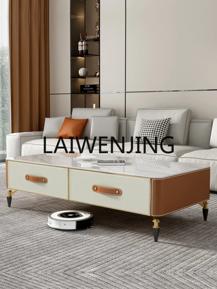 

Light Luxury Saddle Leather Long End Table Modern Living Room Home Stone Plate TV Cabinet Solid Wood High Tea Table