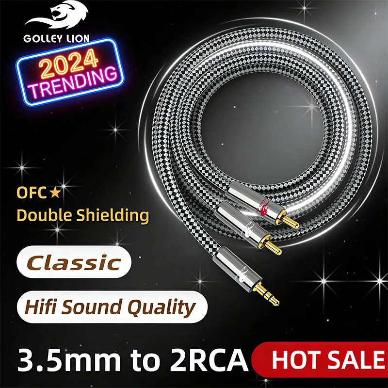 GOLLEY LION Flagship 3.5mm to 2RCA Cable – Easy Audio Expansion, Voltage Mane Clarity, for Outdoor Speaker/Backyard Party Audio