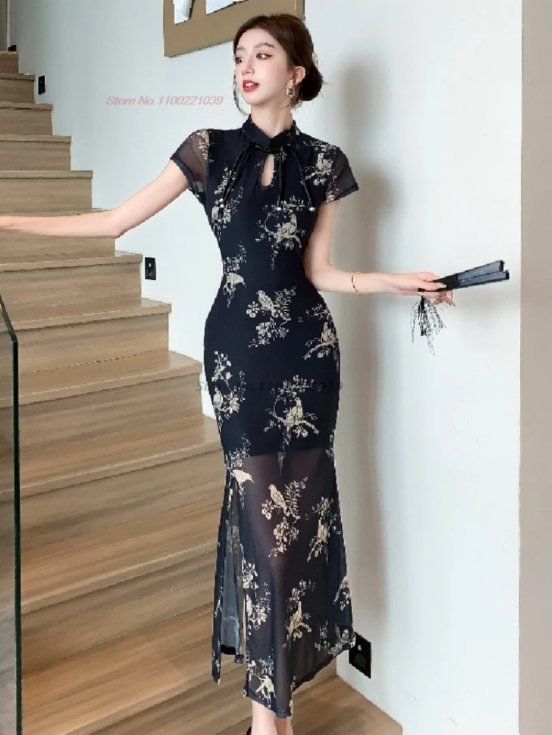 

Китайское сексуальное платье 2021, эластичное платье Cheongsam без рукавов с цветочным принтом, вечернее платье, традиционное сексуальное платье Ципао для ночного клуба, платье