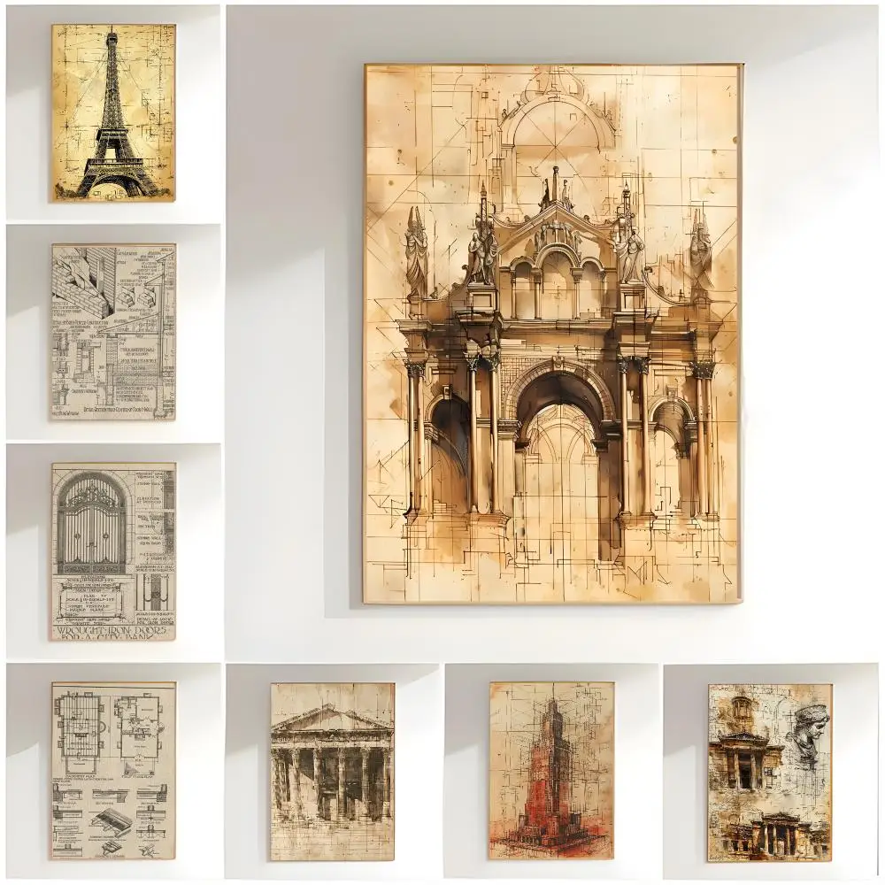 Classic Poster Vintage Architecture Drawings Poster Classic Wall Art  Home Decor  Peel and Stick Unframed