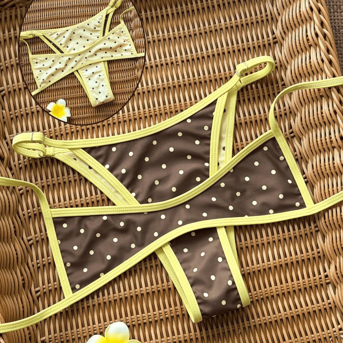 

Women Brown Polka Dot Bikini Set Reversible Cross Wrap Top with Contrast Yellow Trim and Adjustable Straps 2 Piece Swimsuit