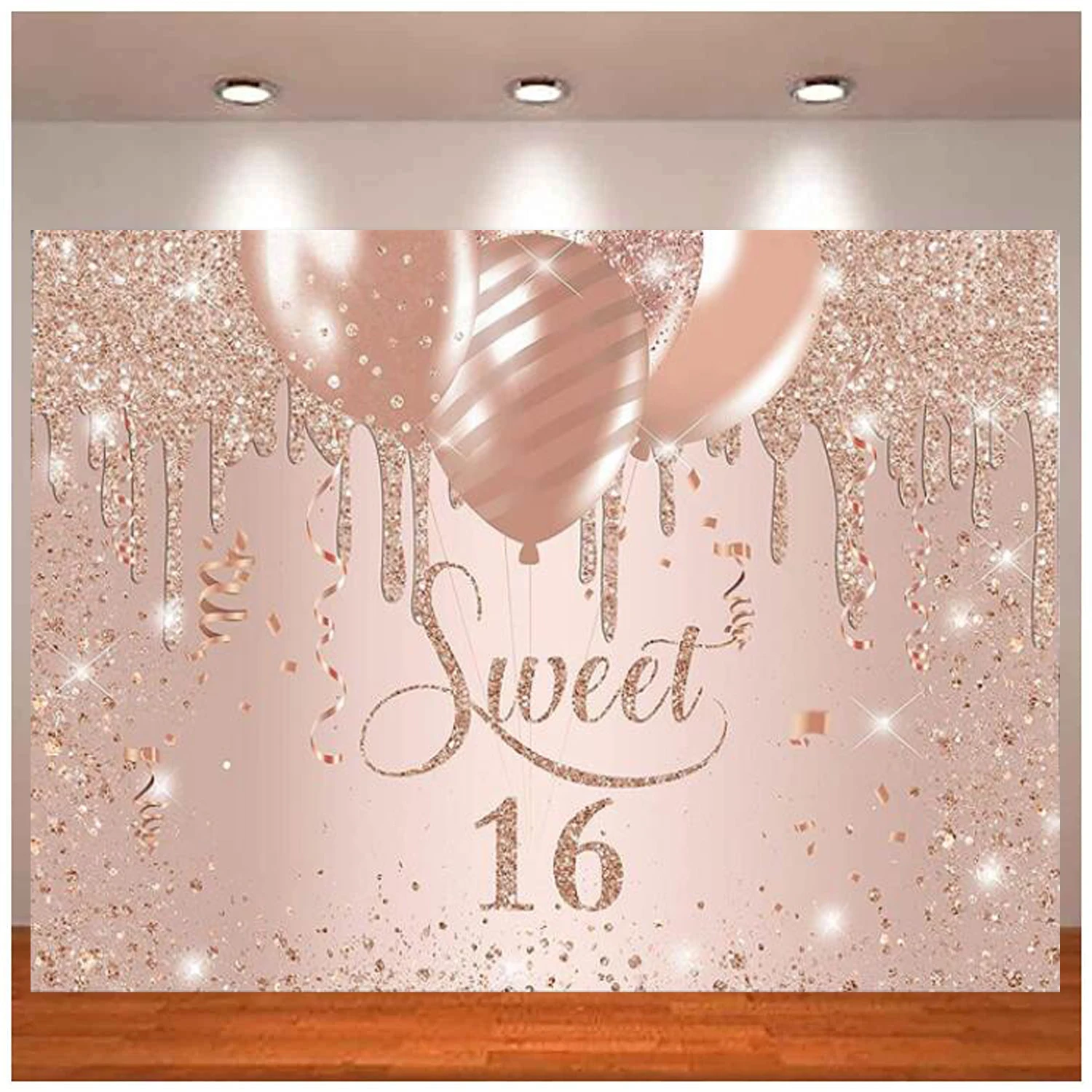 

Photography Backdrop Glitter Drips Rose Gold Balloons Girls Sweet Sixteen Background Happy 16th Birthday Decoration Supplies