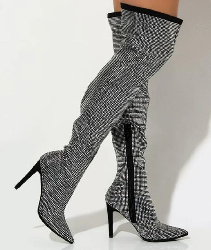 Bling Bling Crystal Embellished Over The Knee Boots Pointed Toe Wide Calf Cover Heels Winter Long Boots Drop Shipping