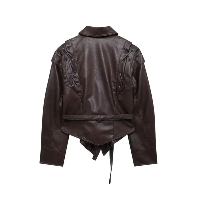 Slim Fit Women's Leather Jaet 2024 Autumn New Design Neline Sle Versatile Belted Long Sve Commute Faion Ladies Coat