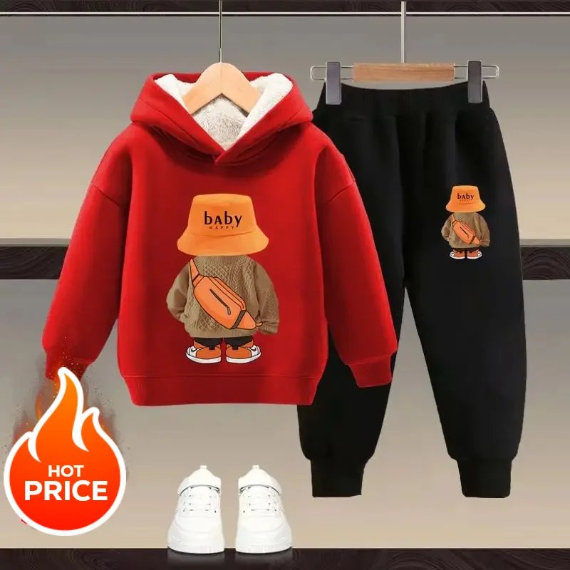 winter Boys Clothes plush warm long sleeve& trousers 2 Pieces Set Teenage Girls & Boys Printed bear hoodies Fashion Casual Top &