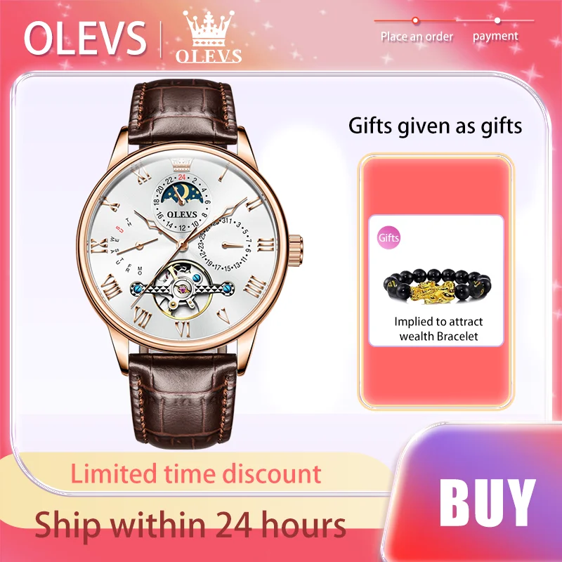 

OLEVS Luxury Brand Men Watch Leather Strap Business Fully Automatic Mechanical Watch Moon Phase Hollow Out Original Wristwatch