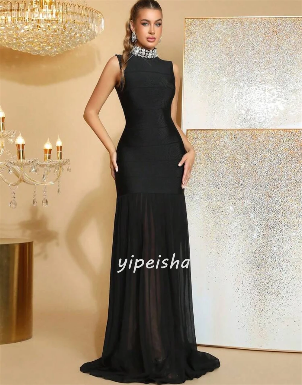 Maßgeschneiderte, hochwertige, klassische Chiffon-Strassfalten, gerade, hoher Kragen, lange Kleider, maßgeschneiderte Kleider für besondere Anlässe