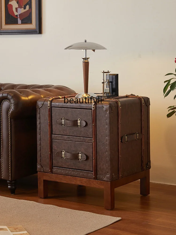 French Style Chinese Style Bedside Table Solid Wood Wooden Ball Lockers Vintage Leather Case Coffee Table American Style