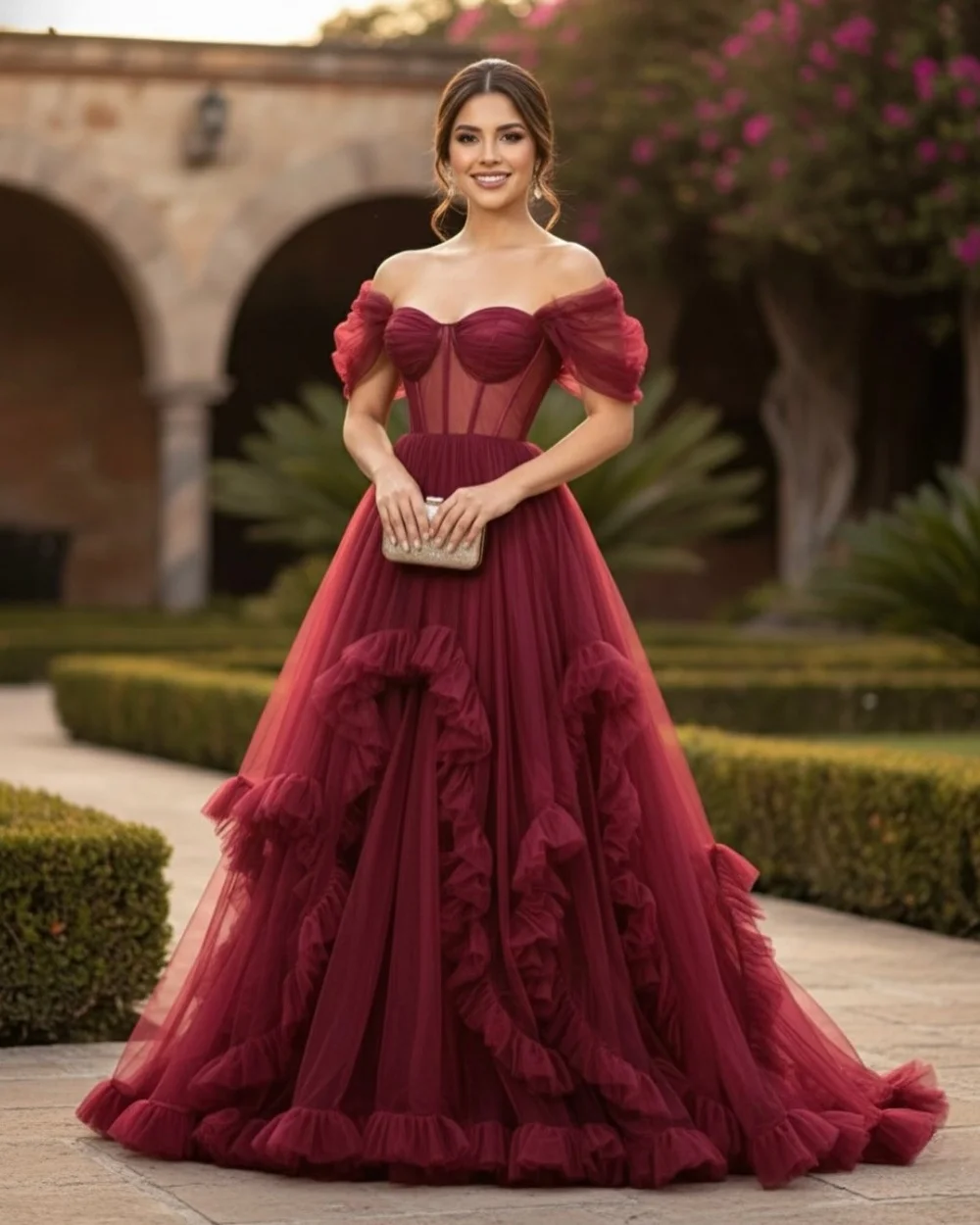 

Customized Modern Style Retro Tulle Pleat Ruched A-line Off-the-shoulder Long Dresses Evening Dresses Simple High Quality