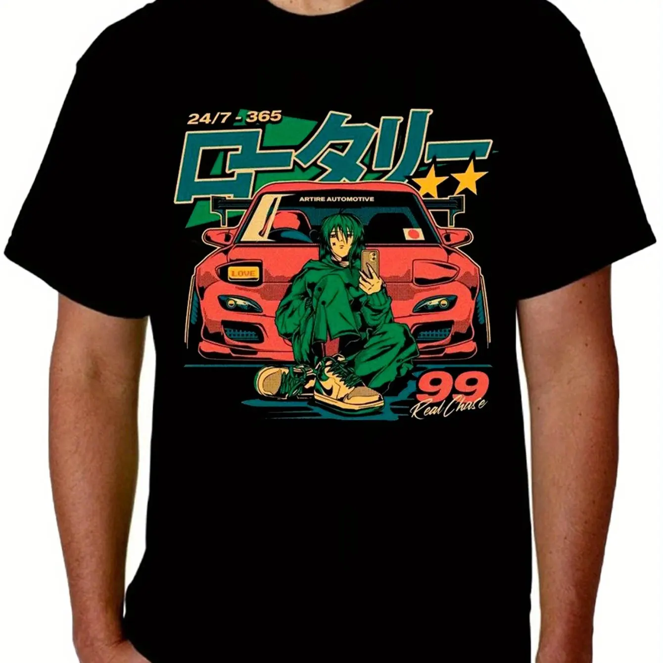 

Men's JDM Car Lovers T-Shirt - Black Casual Summer Short Sleeve Japanese Illustration Pattern Soft Breathable Elastic Fabric