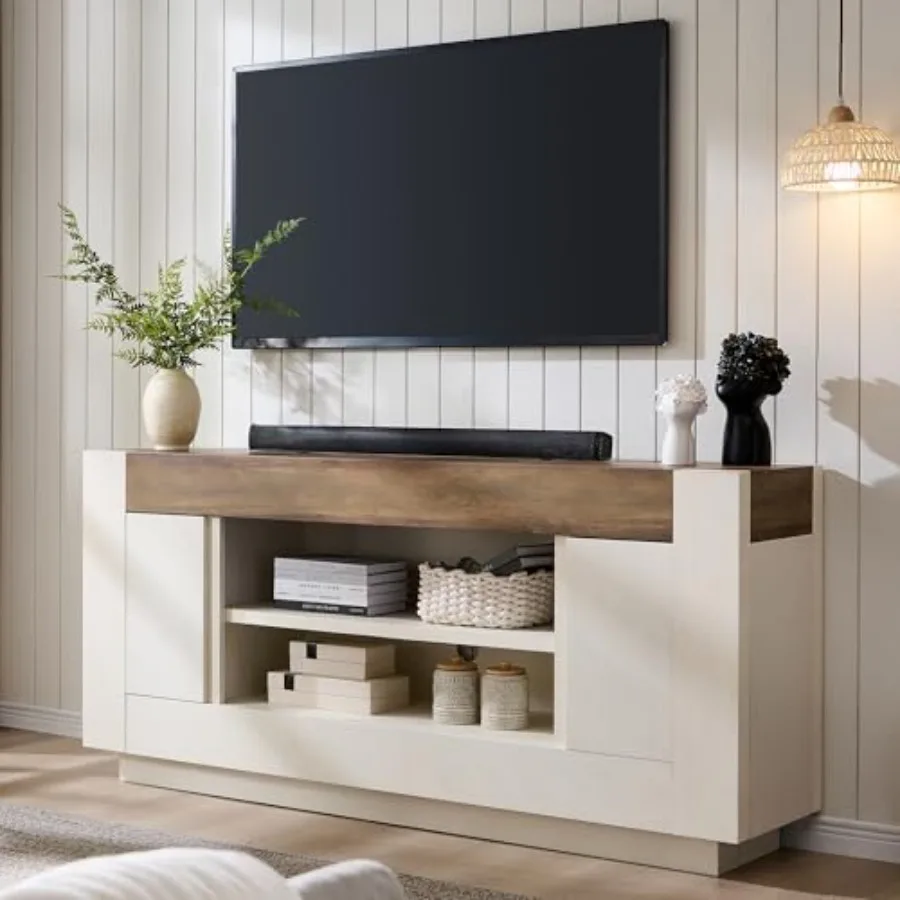 for 80 TV, Thick Block Media Console: living room use, solid wood, walnut finish, scratch-resistant surface