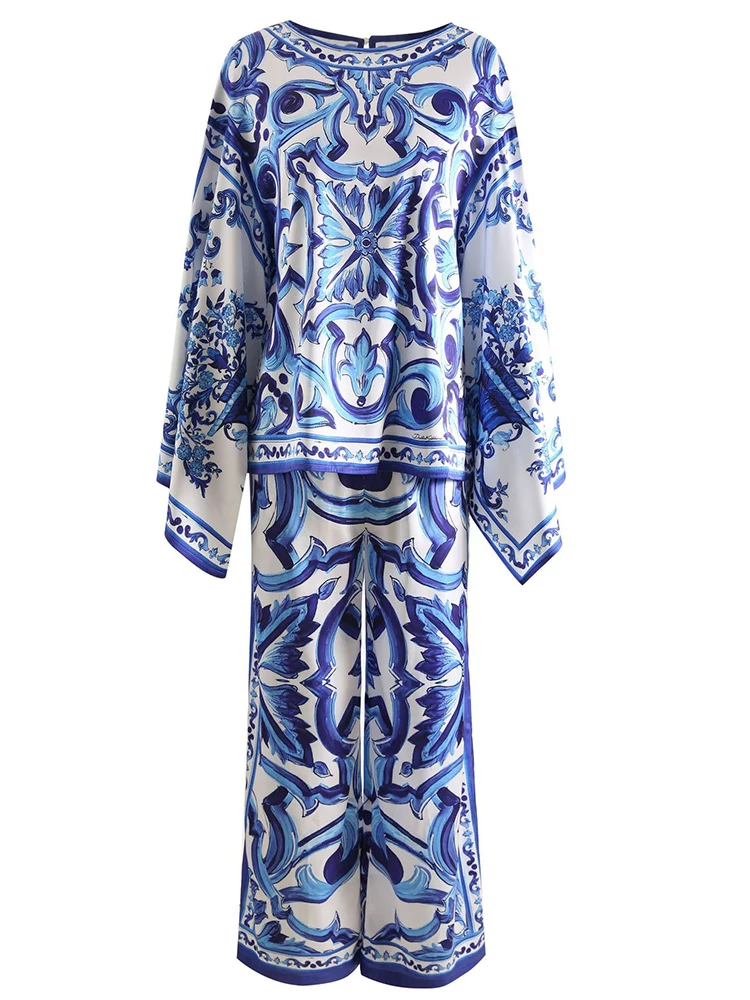 White and Blue Porcelain Printed 2-Piece Set for Women, Batwing Sleeve Top, Flare Trousers, Fashion Vintage Pants Suit