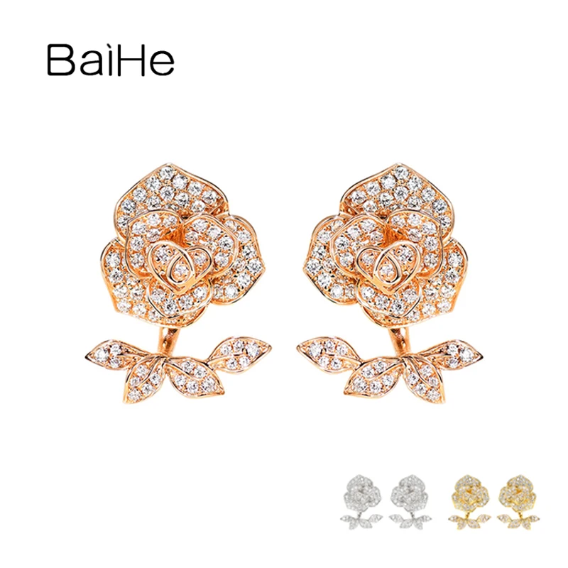 BAIHE-pendientes de tuerca de flor rosa de diamante Natural para mujer, joyería fina, oro blanco/amarillo/rosa, 14K, H/SI