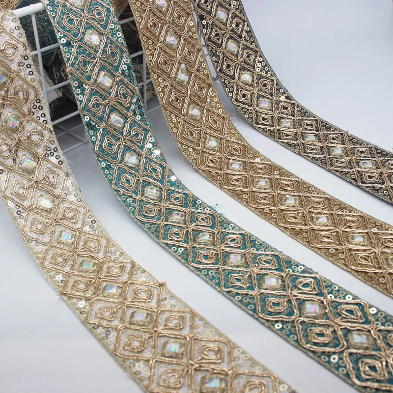 

10Yards Rhinestone Diamond Sequined Ribbon Ethnic Embroidered Lace Webbing For DIY Sewing Trims Clothing Accessories