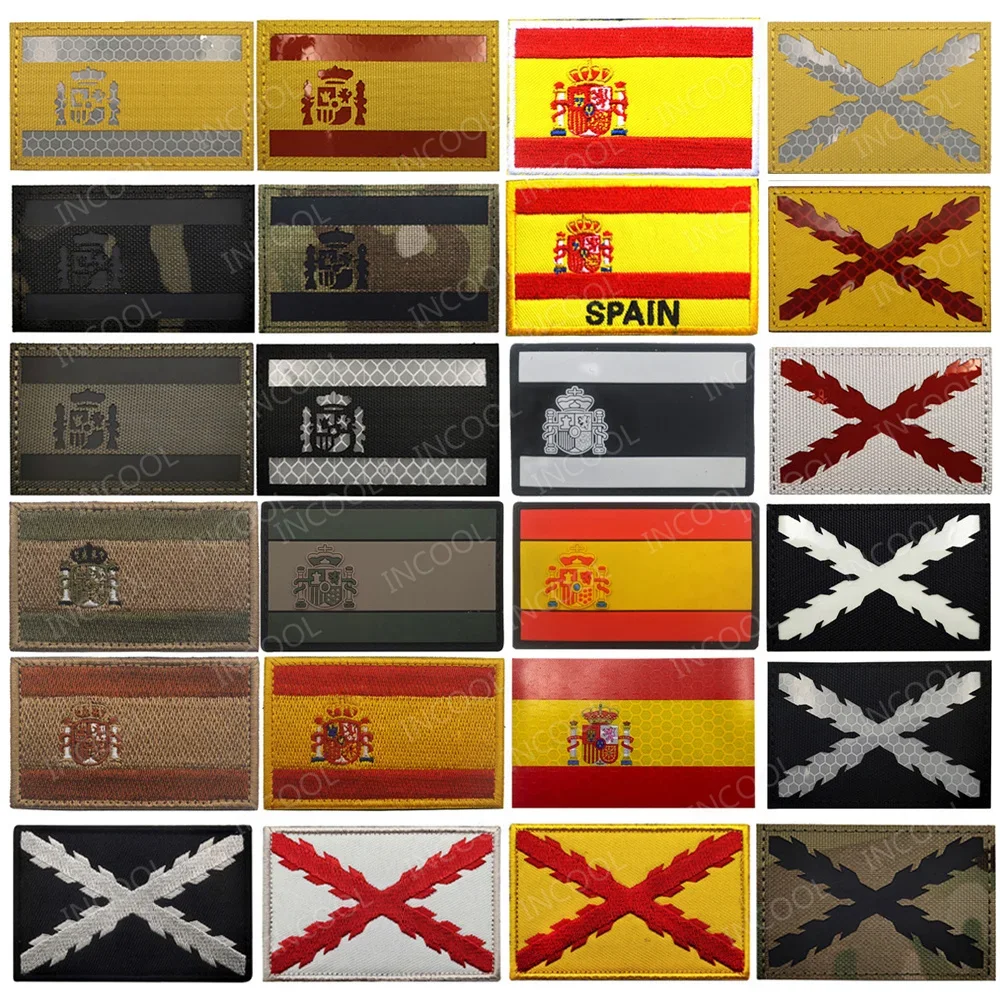 Spain Flag Embroidered Patch Infrared Reflective IR Spanish Flags Appliqued 3D PVC Rubber Glow In Dark Patches For Clothing Cap