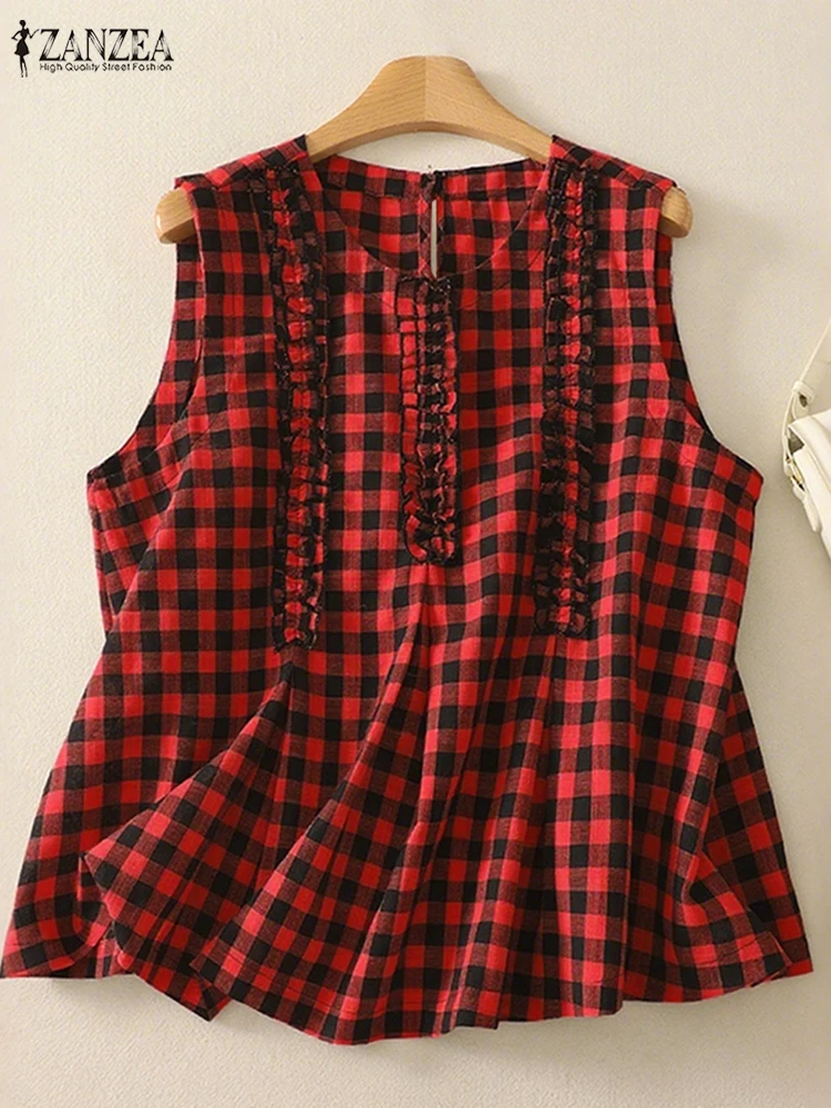 النساء خمر الكشكشة تقليم منقوشة الدبابات ZANZEA 2025 جديد عادية س الرقبة مقلوب الطيات فحص بلوزات بلا اكمام ملابس امرأة S-3XL
