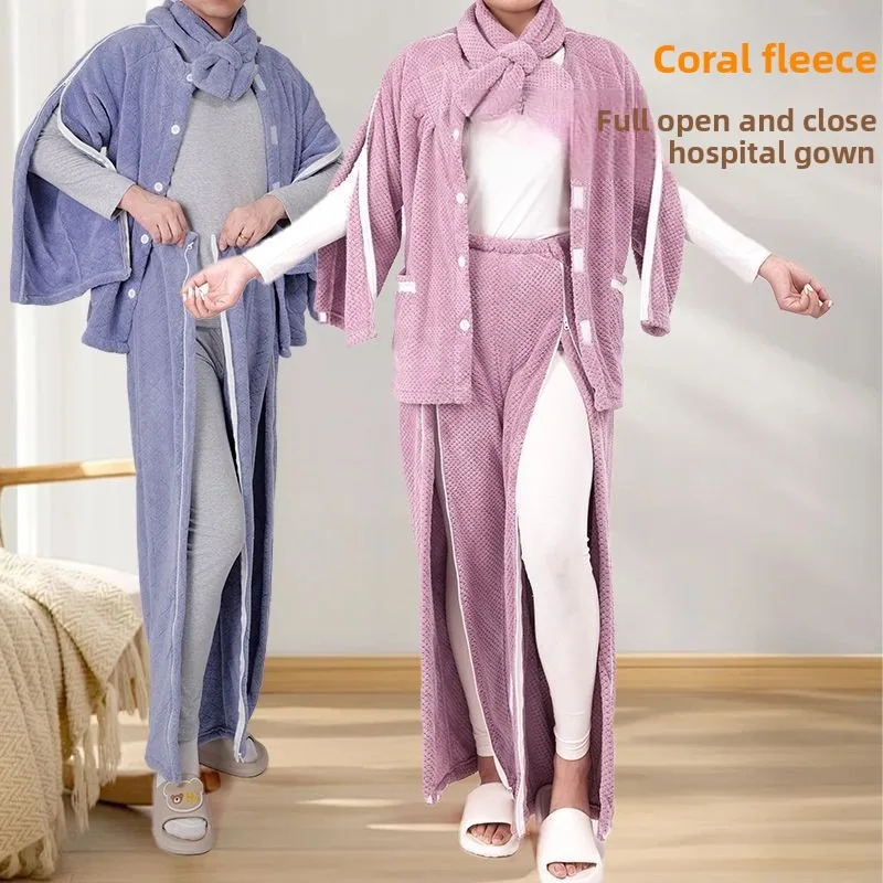 Autumn Winter Coral Fleece Zipper Care Garment One Piece Bedridden Elder Rehabilitation Clothes Fracture Post Operation Easy