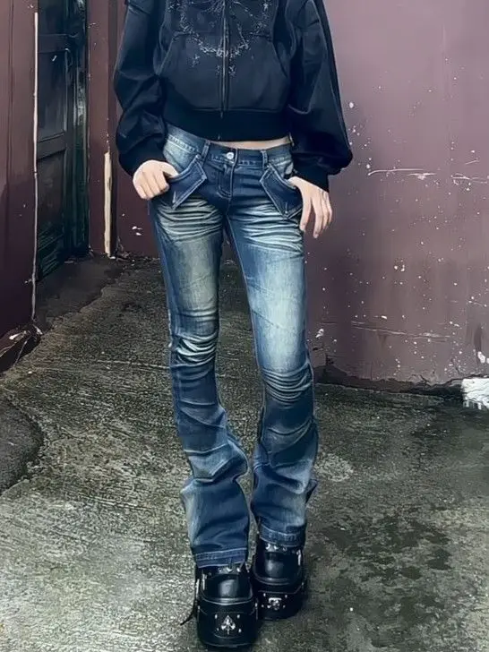 بنطلون جينز نسائي عتيق باللون الأزرق منخفض الارتفاع مطرز بتصميم أمريكي عتيق Y2K من قماش الدنيم المغسول بقصة ضيقة بنطال واسع الساق #1