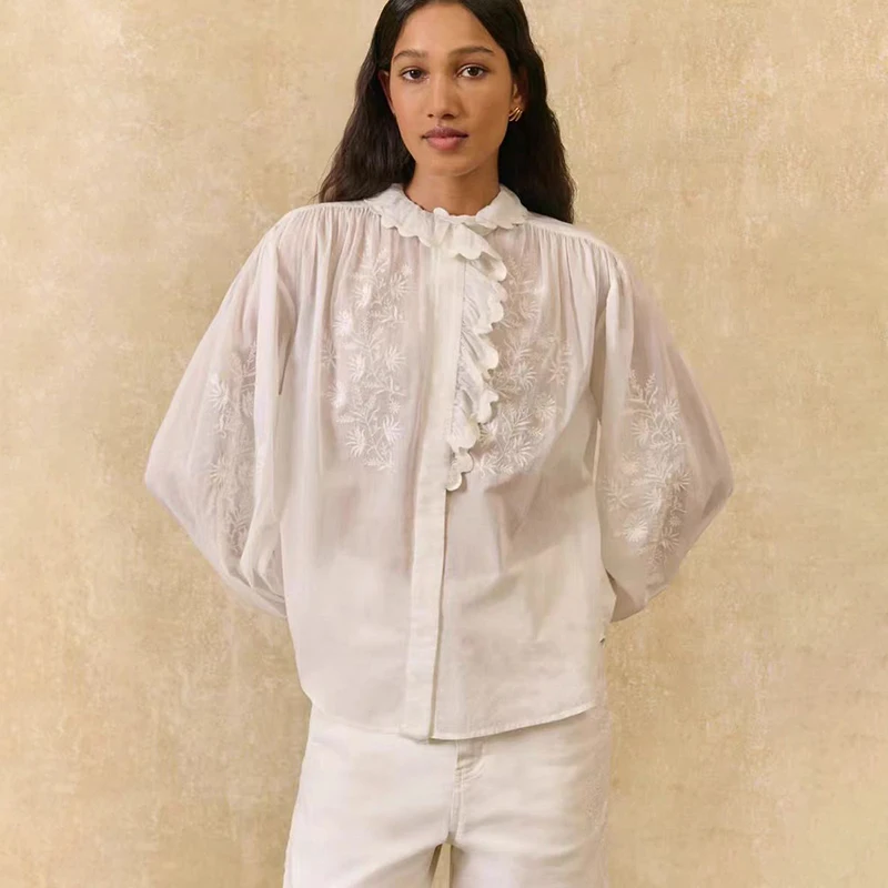 

Elegant See-through Pure Cotton Lightweight Loose Sleeveless Shirt with Ruffle Hemline Vintage Style Women's Fashion