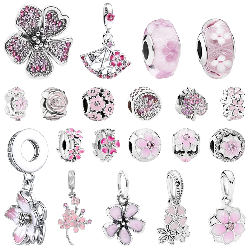 Venda quente fino espumante rosa flores de cerejeira rosa margarida flor clipe charme contas caber pulseiras originais diy feminino jóias presentes