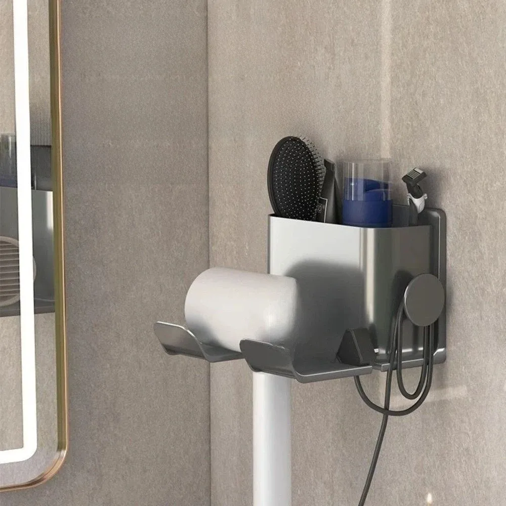 Non Perforated Hair Dryer Holder Self-adhesive Portable Wall Mounted Holder Multiple Compartments Durable