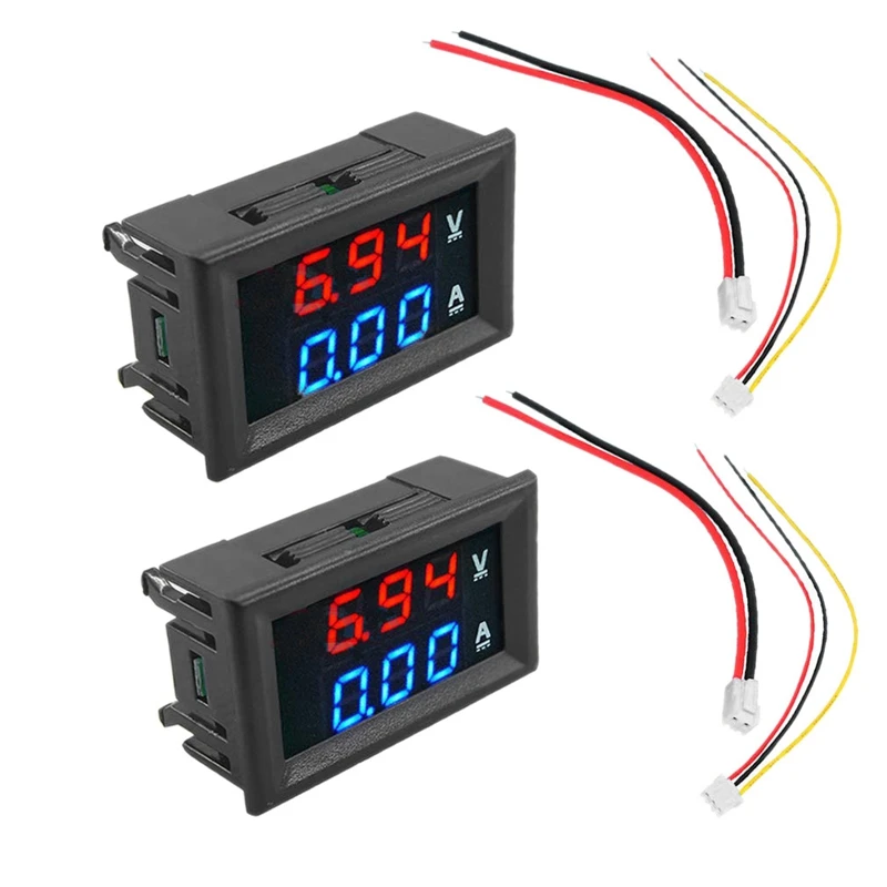 接続線付きデュアルLEDディスプレイパネル,デジタル電圧計,電流計,DC, 100V, 10A,電圧,電流,メーター,テスター,青,赤,2個