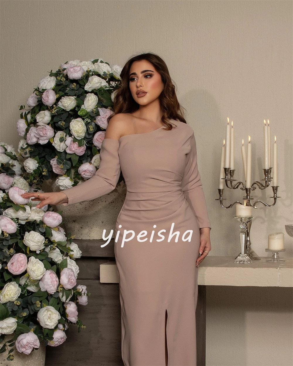 Jersey Draped Pleat Clubbing A-line Off-the-shoulder Bespoke Occasion Gown Midi Dresses