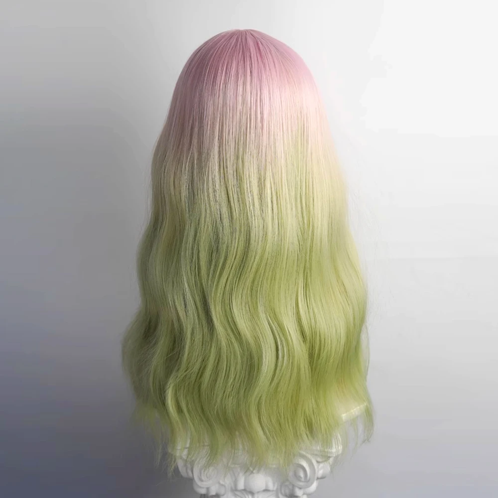 Ombre Pink Green Blend Long Wavy Synthetic Women Wig with Bangs Lolita Cosplay Fluffy Hair Wig for Daily Party