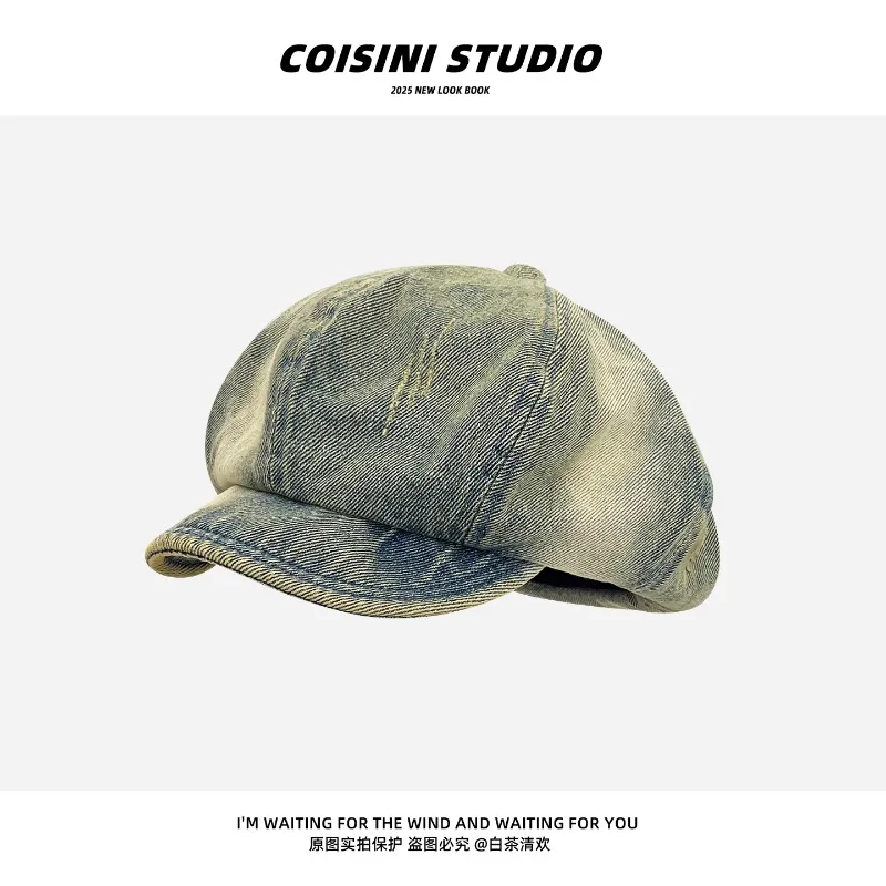 New Japanese Washed Old Denim Large Version Beret Women's Spring and Autumn Versatile Sunshade Short Brim Octagonal Newsboy Cap