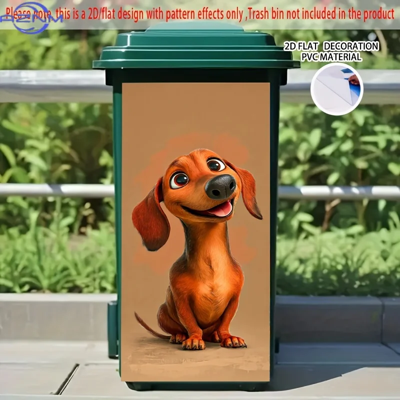 of Stickers Featuring a Cheerful Cartoon Dachshund Design, Perfect for Decorating Trash Bins. Made of PVC, These Self-Adhesive
