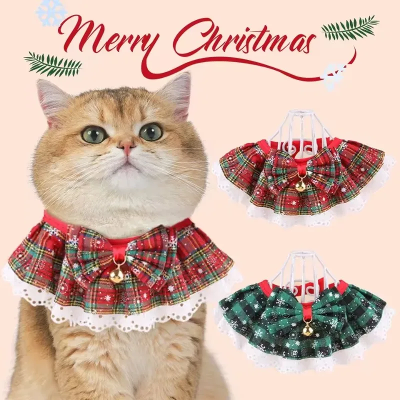 

Christmas Pet Bow Bib Collar Scarf Plaid Bow Lace Saliva Towel With Bell Pendant For Dog Cat Collar Necklace Grooming Accessory