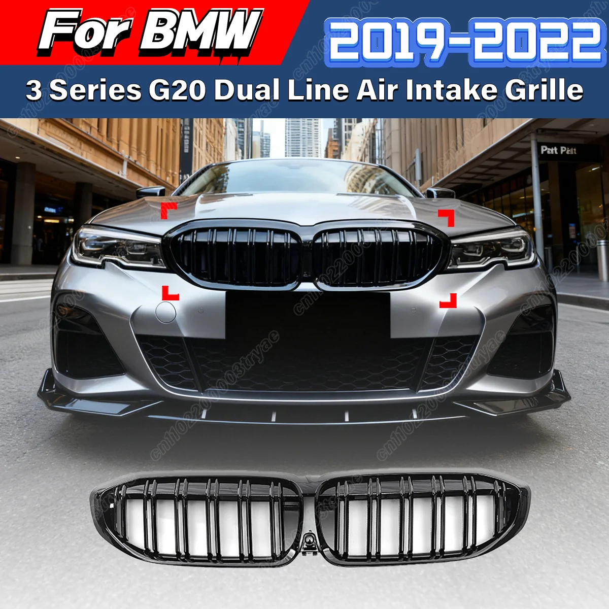 For BMW 3 Series G20 2019 2020 2021 2022 Car Front Bumper Double Line Black Knight Style Radiator Grille Cover Modification Kit