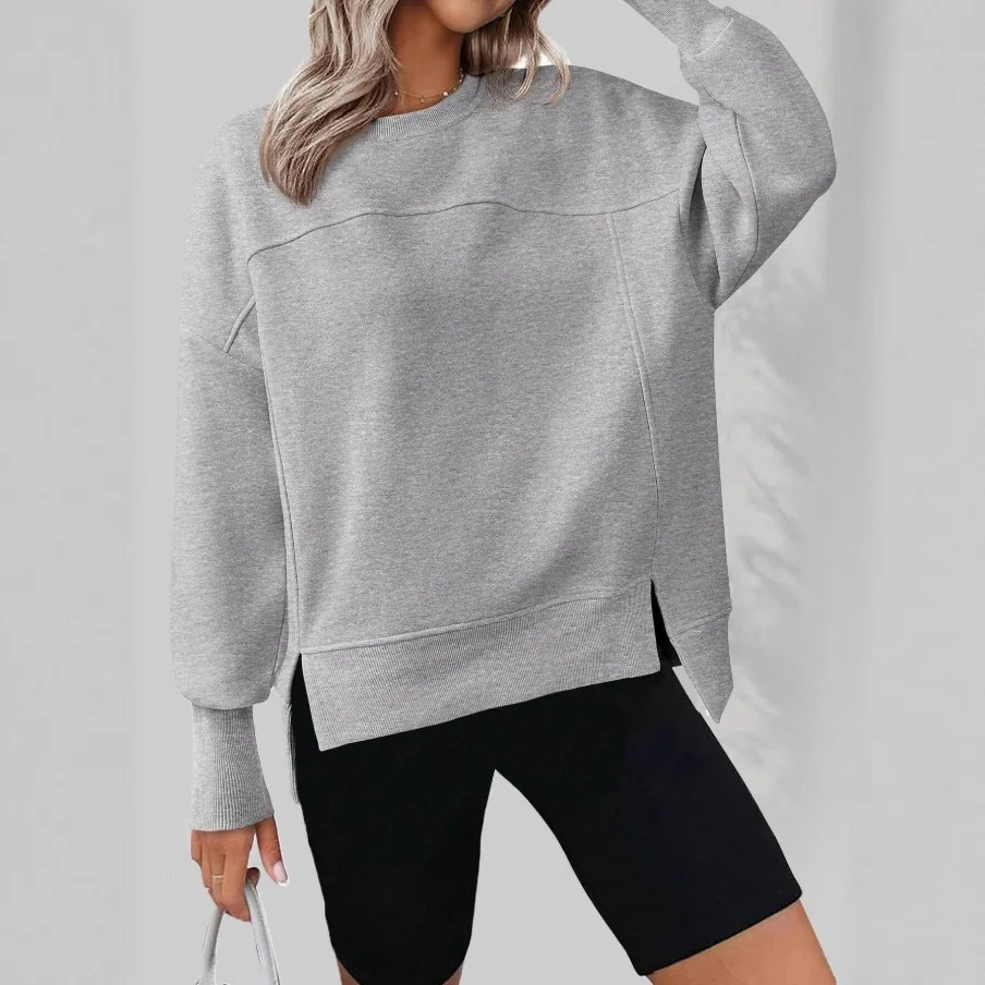 Women's Crew Neck Sweatshirt Yoke Seam Drop Shoulder Side Split Hem Loose Pullover