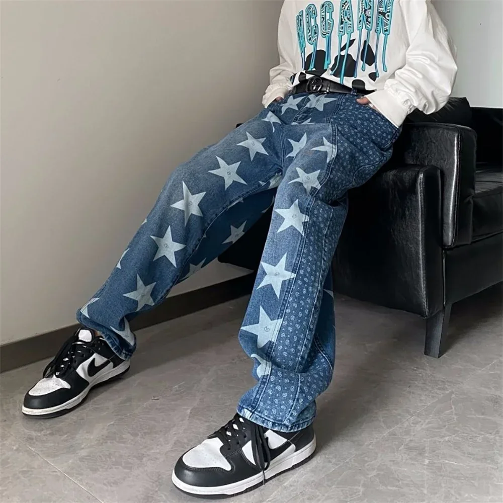 HIp Hop Star Printed Men's Jeans Straight Wide Leg Gothic Denim  Loose Casual High Waist Male Fashion Trousers Jeans Men