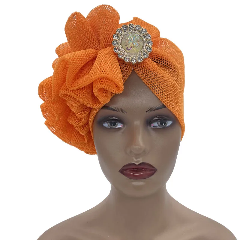 2022 Summer New Mesh Women\'s Turban Cap with Side Ruffles Design Already Made African Headtie Nigeria Auto Geles Lady Head Wraps