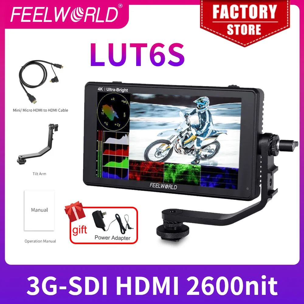 

FEELWORLD LUT6S LUT6 6 Inch 2600nits HDR/3D LUT Touch Screen 3G-SDI 4K HDMI DSLR Camera Monitor With Waveform VectorScope