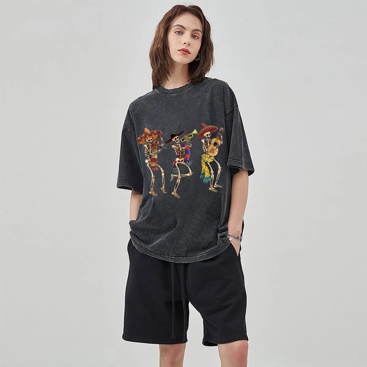 

Music Skull Print Summer 2024 Affordable Women Wash T-Shirt Loose Oversized Couple Short Sleeve Street Hip Hop Top Teen Tees