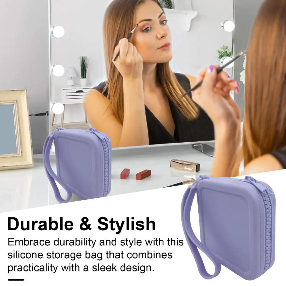 Silicone Cosmetic Bag Compact Storage Pouch Waterproof Silicone Storage Bag with Wrist Strap Square Shape Zipper for Portable