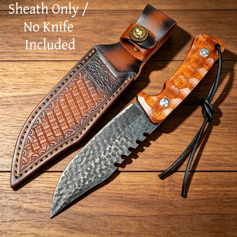 Hand Embossed Grid Pattern Split Cowhide Knife Sheath Waist Belt Carry Tool Scabbard Sheath Only No Knife Included