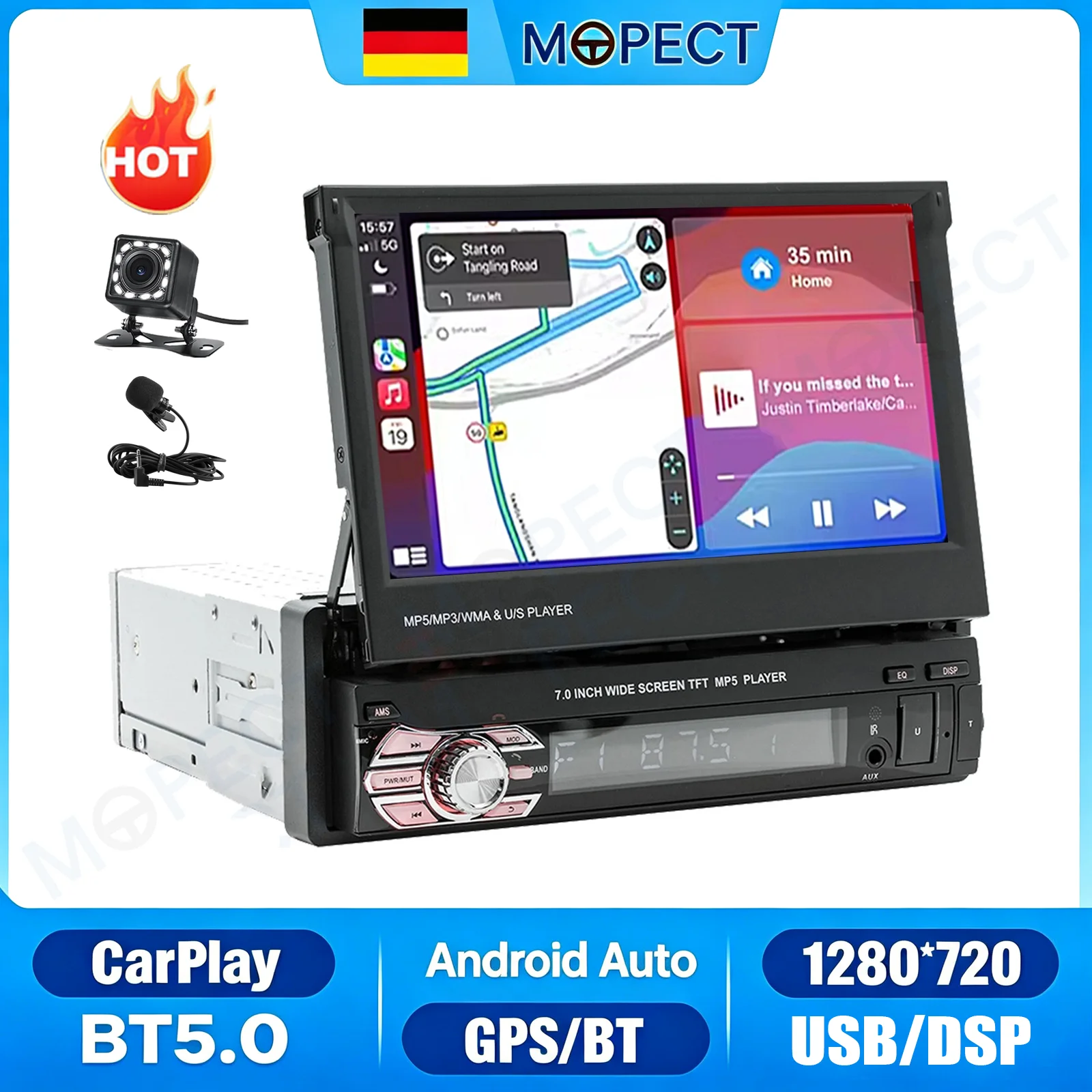 MOPECT 7-Zoll Single-DIN Autoradio mit ausklappbarem Display, kabellosem CarPlay, TF, USB, AUX, SWC, AM/FM, MP5-Player, Touchscreen, Bluetooth, Mikrofon und Kamera