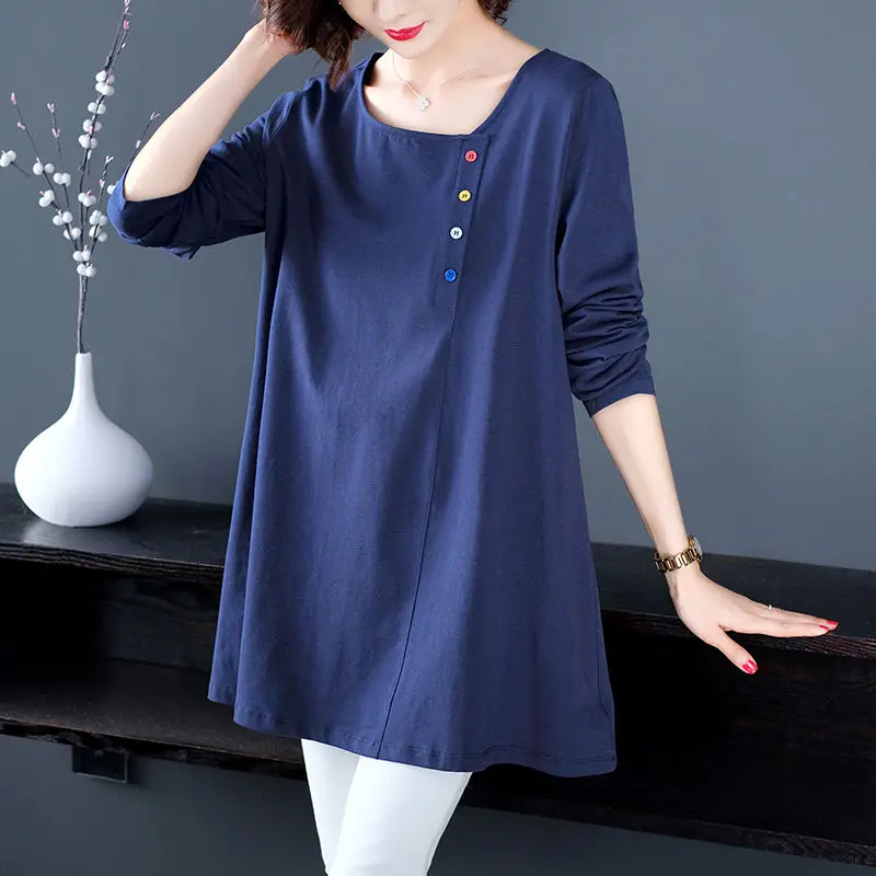 ربيع الخريف منتصف طول كم طويل تي شيرت فضفاض جولة الرقبة قاعدة قميص المرأة #4