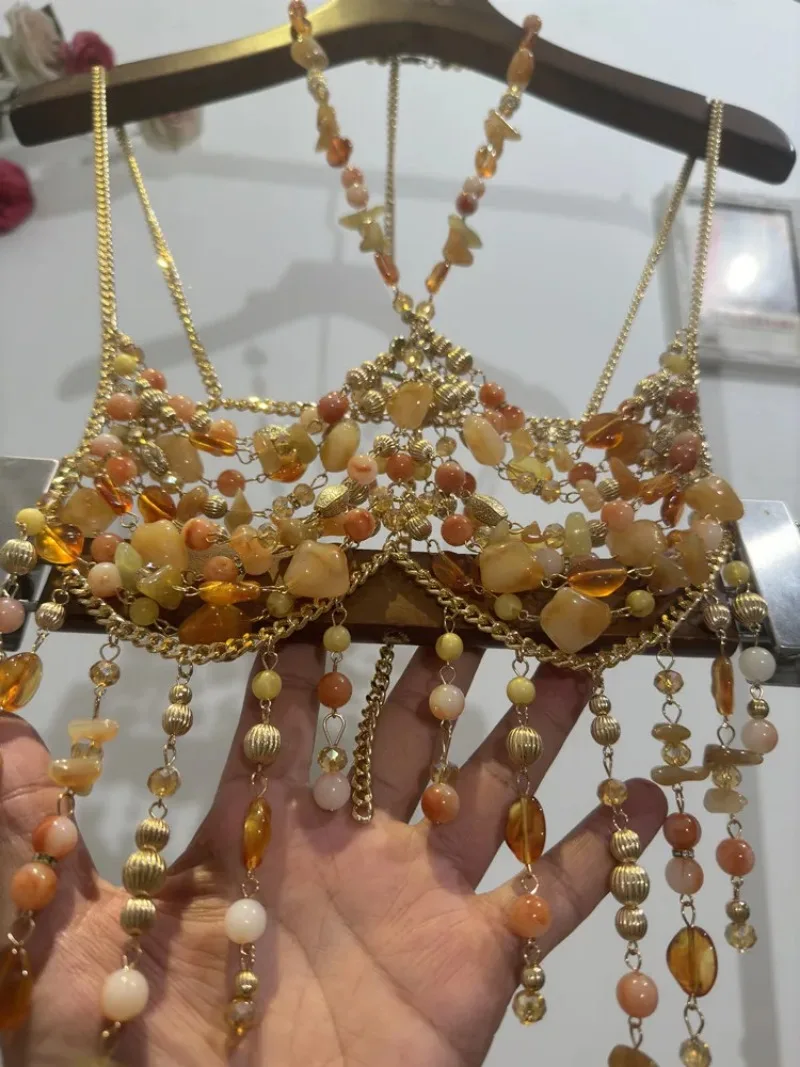 レディース クリスタルビーズストーン アジャスタブル ホルターネックレス セクシー ショートパールタッセル ブレストチェーン キャミソールトップ ステートメントジュエリー